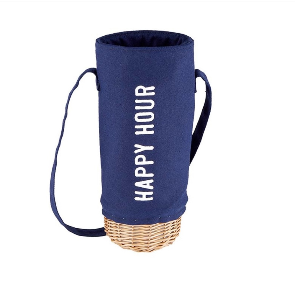 Navy Canvas & Wicker Picnic Wine Bag - Happy Hour - New